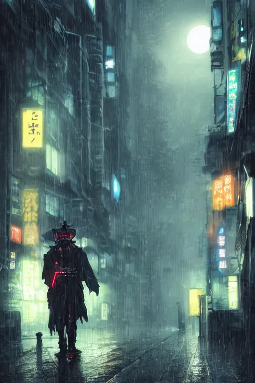 Image similar to a cyberpunk samurai in a raining cobblestone alleyway in tokyo, neon lights, full moon, fog cinematic greg rutkowski