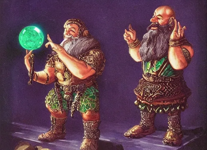 Image similar to a dwarven jeweler holding a gigantic glowing emerald. dramatic lighting. high fantasy art ( 1 9 8 7 )