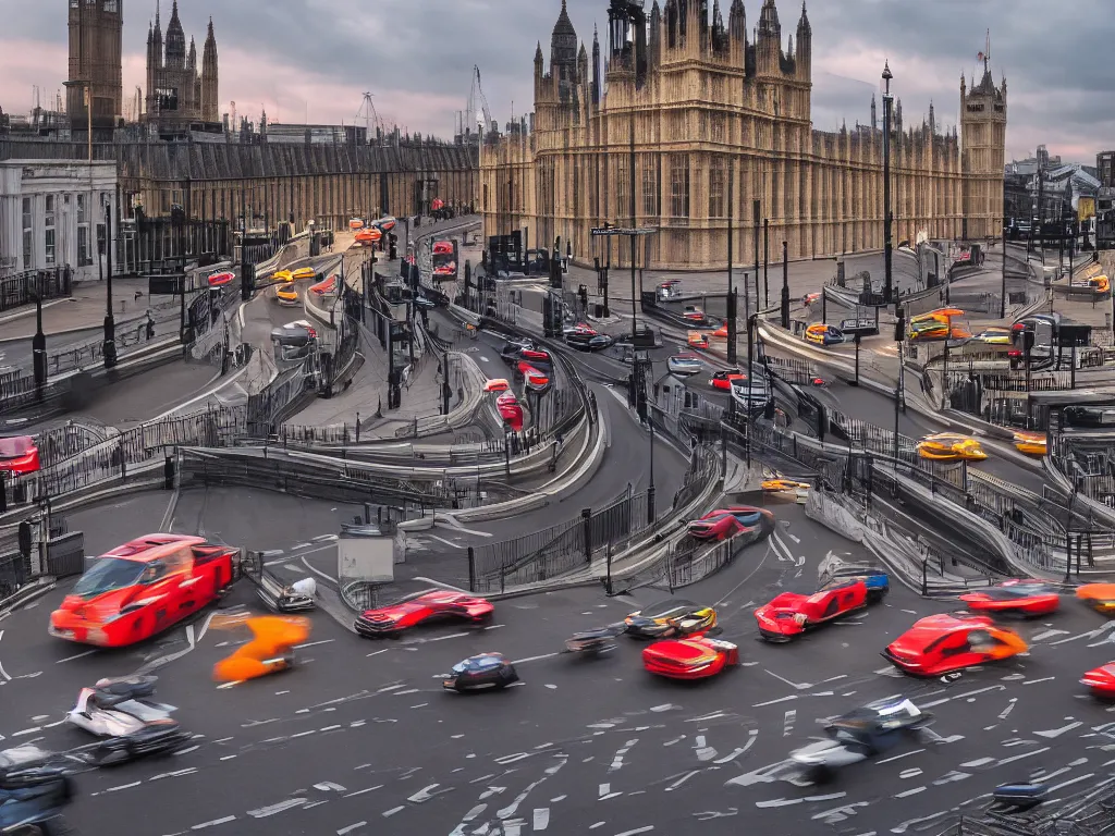 Image similar to 3 cars racing through london streets, dramatic crane view, cinematic dusk lighting