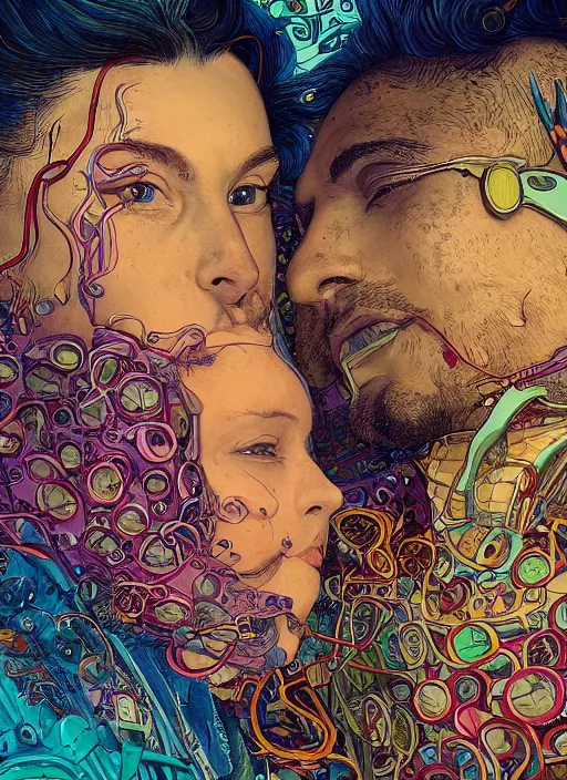 Prompt: detailed colourful masterpiece of photography couple portrait sat down in love extreme closeup, inside an underwater train, detailed realistic expressions, wearing unusual clothes, by ford madox brown and moebius and kilian eng and greg hildebrandt