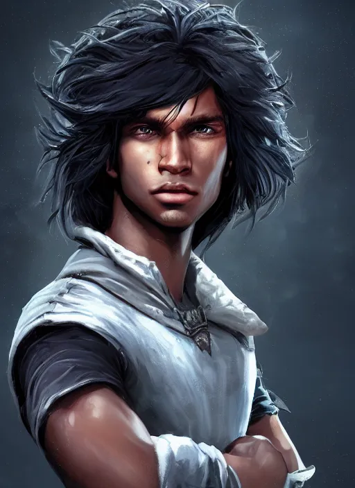 Image similar to An epic fantasy comic book style portrait painting of a dark skinned long haired boy with intelligent eyes, unreal 5, DAZ, hyperrealistic, octane render, cosplay, RPG portrait, dynamic lighting