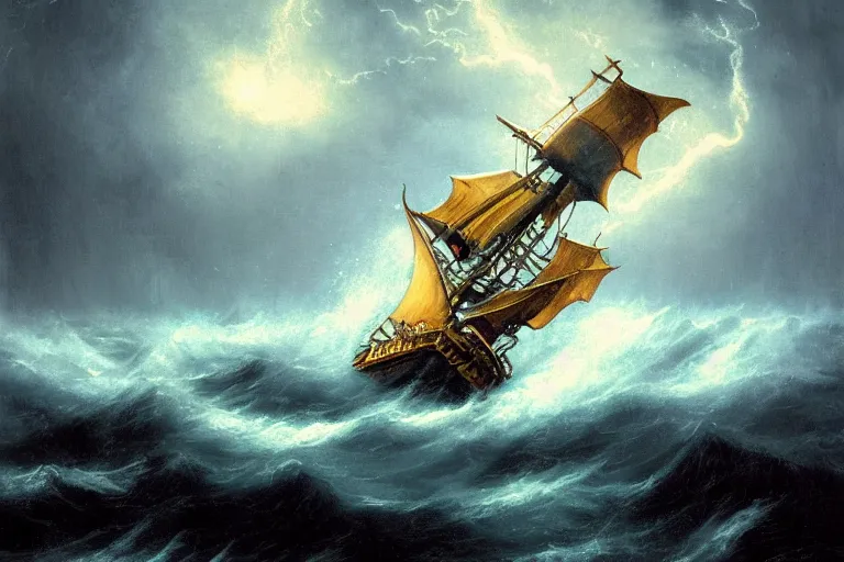 Image similar to giant kraken attacking a pirate sail boat, storm, lightning, rain, fantasy, horror