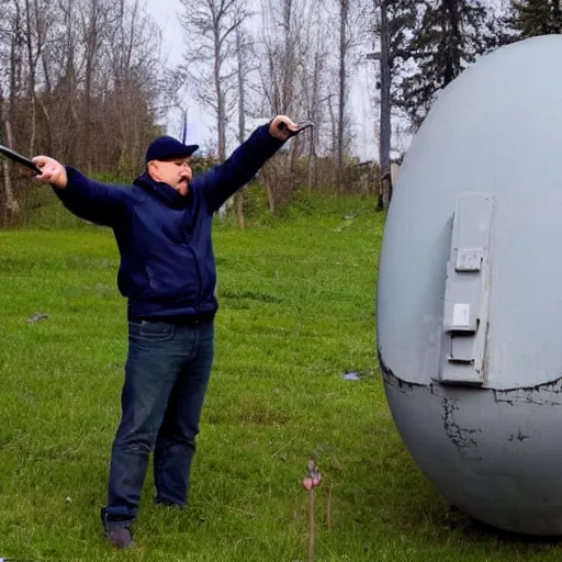 Image similar to selfie, funny intimidated ukrainian against the background of a fallen huge nuclear missile in his yard