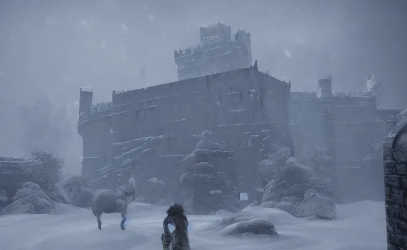 Image similar to winterfell in the snowstorm, doomy, Unreal Engine, cinematic photography, highly-detailed, games of thrones, HBO, high resolution, 8k, photorealistic, stunning volumetric lighting