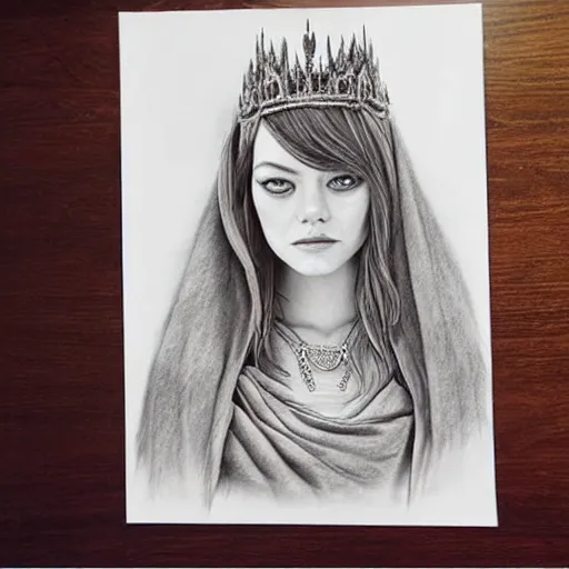 Image similar to hyper realistic pencil drawing of emma stone as an eldritch princess, cloak, fantasy, dark, stunning, detail, sharp