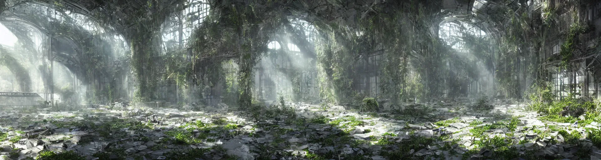 Image similar to In the midst of a densely overgrown ruin, a large space with sunlight filtering through the broken windows, a high ceiling, a vast floor, flooded with crystal clear water, gorgeous, trending on Artstation, digital art