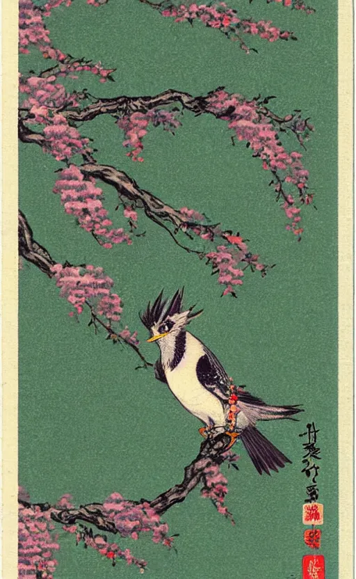 Prompt: by akio watanabe, manga art, a cuckoo bird on a branch of wisteria, half moon in the sky, trading card front