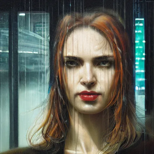 Image similar to detailed face of a woman, moment, cyberpunk cloisters, electronic billboards, tech noir, wet reflections, atmospheric, ambient, pj crook, livia prima, greg rutkowski, edward hopper