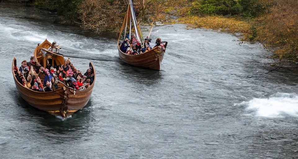 Image similar to a viking ship sailing down a river, f / 2. 8, motion blur