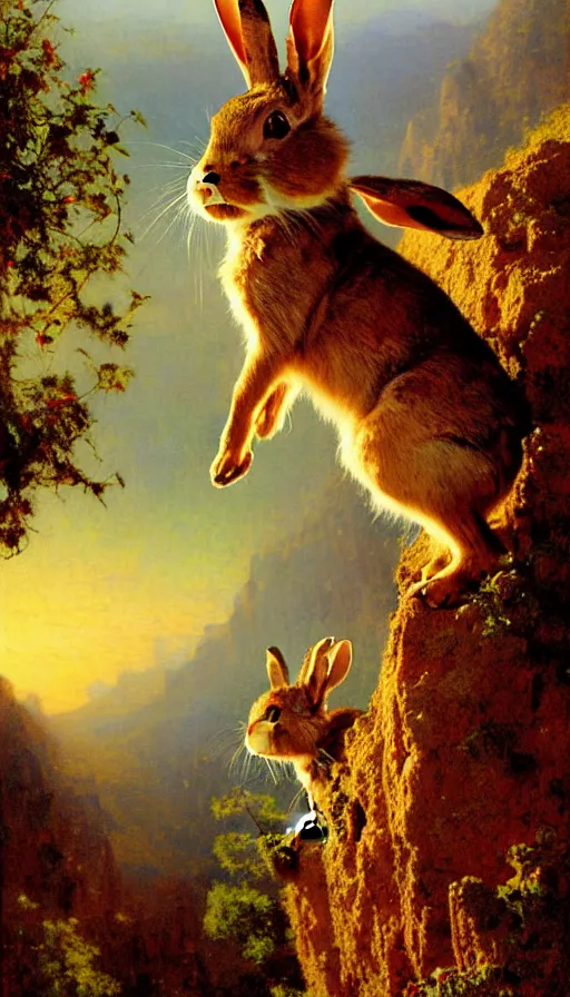 Image similar to hyper realistic rabbit looking off of a cliff, sun setting behind rabbit, lush forest in valley below, painted by gaston bussiere, craig mullins, j. c. leyendecker 8 k