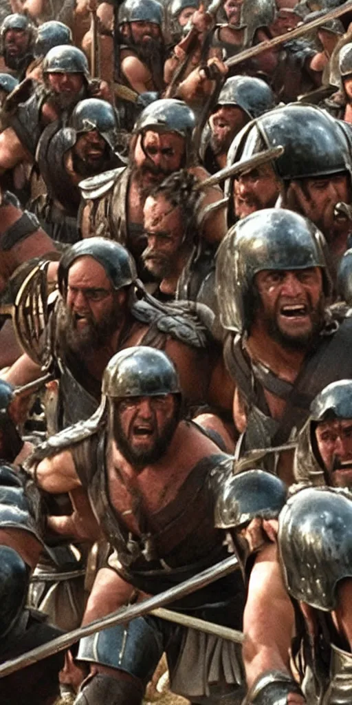 Prompt: Danny Devito as Leonidas, with Leonidas beard, leading Spartans into battle at Battle of Thermopylae, in screenshot from the 300 movie