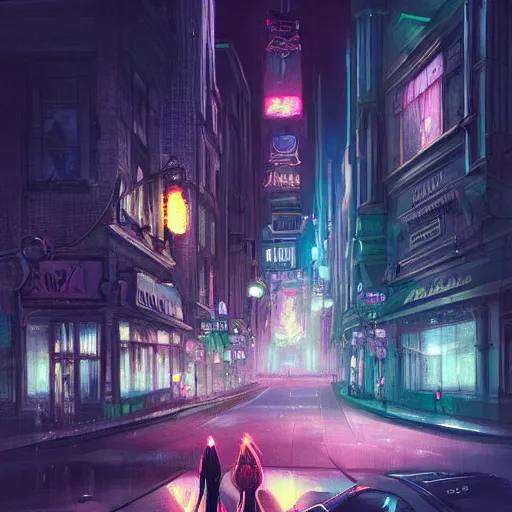 Prompt: a beautiful paiting of Night Life of downtown street by Ross Tran, dark ambient, beautiful, UHD, hyperrealism, Surreal and Fantasy Art, absurdist