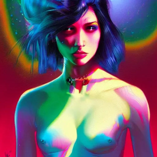 Image similar to hologram punk woman is interested, with cute - fine - face, pretty face, oil slick hair, realistic shaded perfect face, extremely fine details, by realistic shaded lighting, dynamic background, poster by ilya kuvshinov katsuhiro otomo, magali villeneuve, artgerm, jeremy lipkin and michael garmash and rob rey, pascal blanche, kan liu