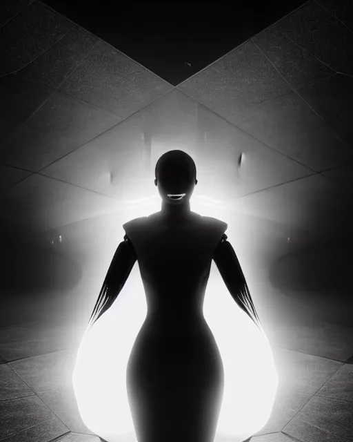 Prompt: black and white high quality photo of a beautiful futuristic female human-AI-queen looking into a sci-fi mirror:: volumetric lighting, liminal space, brutalism, foggy, dreamy, hyperdetailed, bokeh, photorealistic, cinematic, masterpiece, Metropolis, elegant, dark, octane render, 8K, photograph taking in 1910