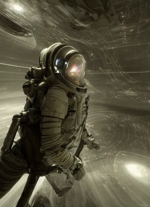 Prompt: concept art by craig mullins astronaut in futuristic dark and empty spaceship underwater. infrared glowing lights. complex and hyperdetailed technical suit. reflection and dispersion materials. rays and dispersion of light. volumetric light. 5 0 mm, f / 3 2. noise film photo. flash photography. unreal engine 4, octane render. interstellar movie art