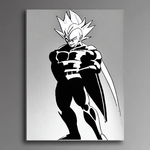 Image similar to in the style of a lit with a bright flash that gives the subject the appearance of having been the unsuspecting subject of late night polaroid snapshots, vegeta in a white superhero suit with cape, by ashley wood, yoji shinkawa, 6 0's french movie poster, french impressionism, palette knife and wide brush strokes, black white only