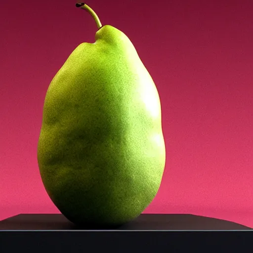 Image similar to a sculpture of a bitten pear that looks like a woman's body, on a white table, in the style of dominique rayou, 3 d render