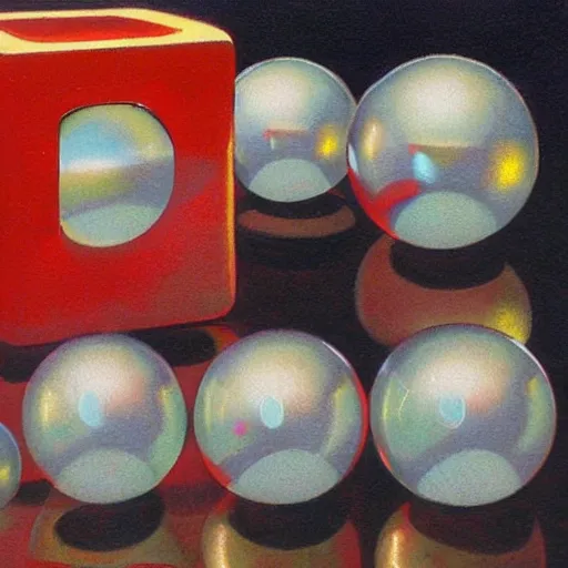 Prompt: chrome spheres on a red cube by earl norem