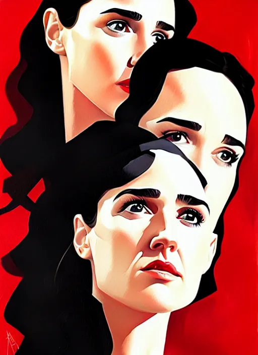 Image similar to detailed artwork by phil noto ; stylized painting of young jennifer connelly ; gal gadot ; eva green ; young jennifer connelly from the rocketeer ; brush texture ; asymmetric composition ; paint texture ; trending on artstation ; gallery painting by phil noto, comic style