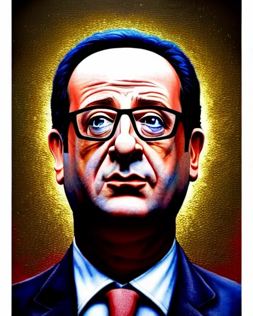 Image similar to hyperrealistic mixed media painting of François Hollande as Superlan, marvel, heroic pose, stunning 3d render inspired art by P. Craig Russell and Barry Windsor-Smith + perfect facial symmetry + dim volumetric lighting, 8k octane beautifully detailed render, post-processing, extremely hyperdetailed, intricate, epic composition, grim yet sparkling atmosphere, cinematic lighting + masterpiece, trending on artstation, very very detailed, masterpiece, stunning