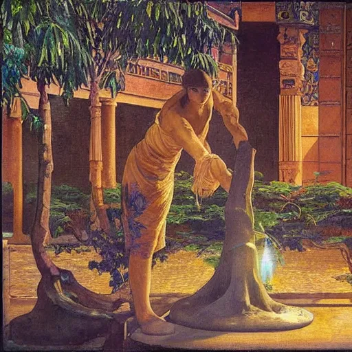 Image similar to Old African gardener cutting bonsai trees, isyllic Garden, by Annie Swynnerton and Nicholas Roerich and jean delville, glowing paper lanterns, strong dramatic cinematic lighting , ornate tiled architecture, lost civilizations, smooth, sharp focus, extremely detailed