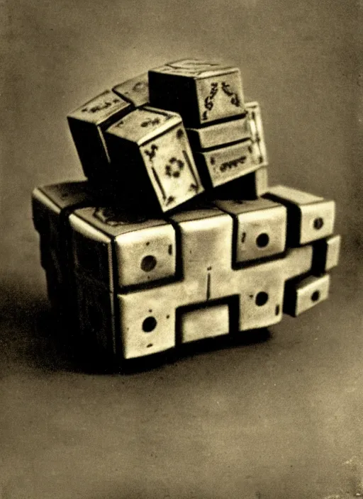 Prompt: 1 8 8 5 photo of a riveted companion cube from portal 2, daguerrotype, high quality