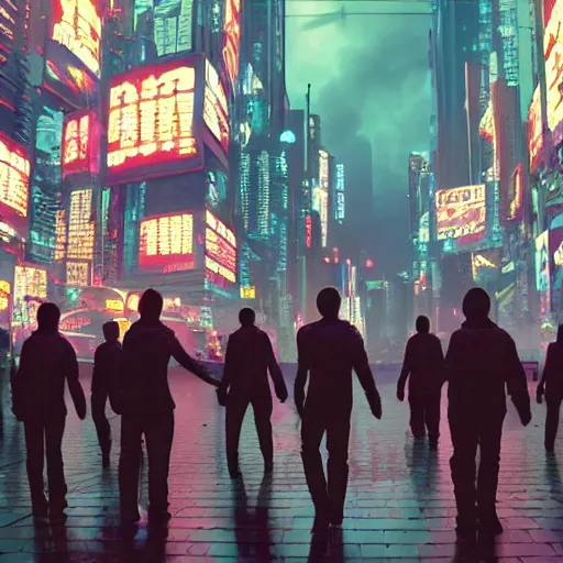 Image similar to award-winning cinematic still of a crowd of human clones, highly-detailed, establishing shot, cyberpunk style