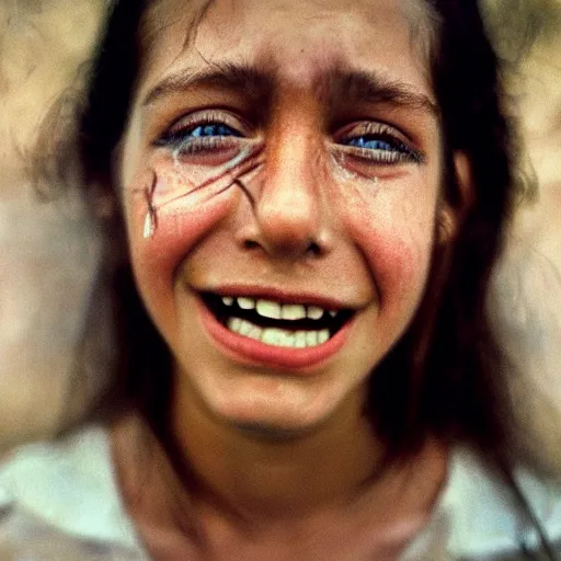 Image similar to a candid extreme closeup portrait of an expressive face of a happy in tears young woman by annie leibovitz