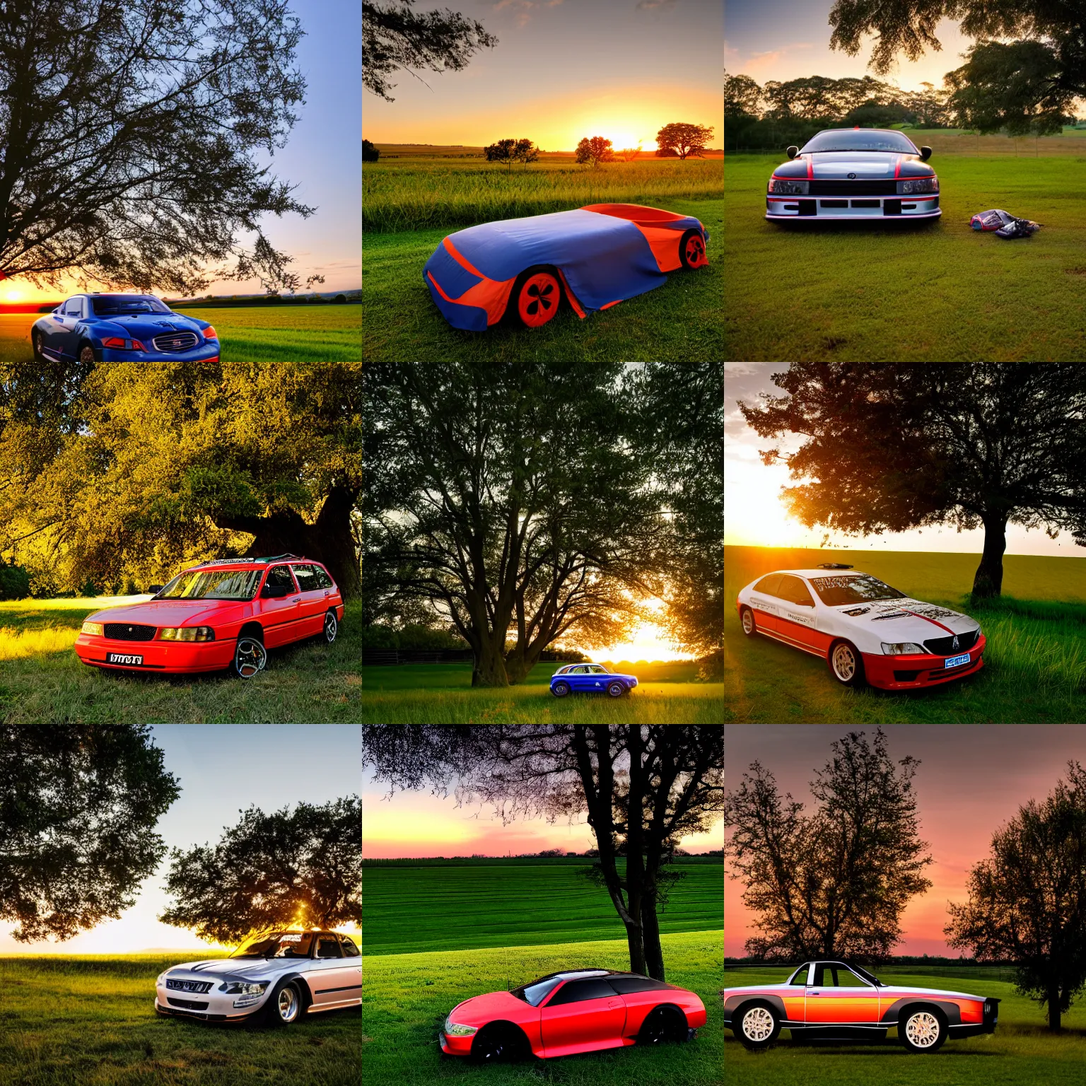 Prompt: racecar bed under a tree overlooking a sweeping field, sunset