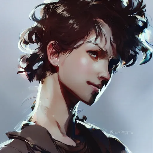 Prompt: a beautiful girl with short curly brown hair in a ponytail, a pointy chin, smiling sweetly, dramatic lighting, illustration by Rossdraws, yoji shinkawa, 4k, digital art, concept art, trending on artstation