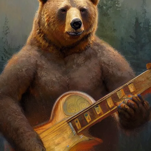 Image similar to realistic bear playing angular guitar, fantasy character portrait by Greg Rutkowski, Craig Mullins, Gaston Bussiere