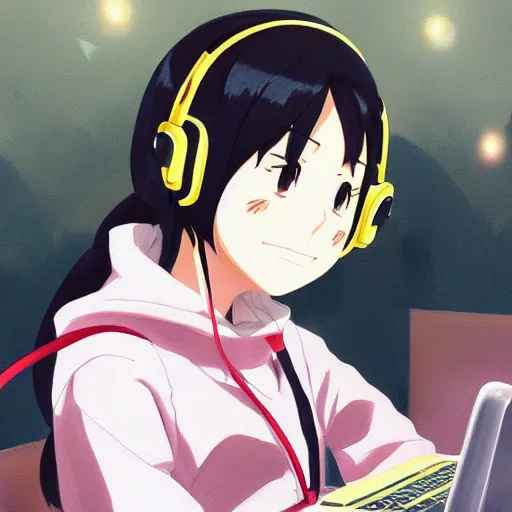 Image similar to Anime painting of a black haired girl wearing headphones while studying in her warm cozy home, by makoto shinkai, relaxed, calm, atmospheric, peacefull, trending on artstation, kimi no na wa