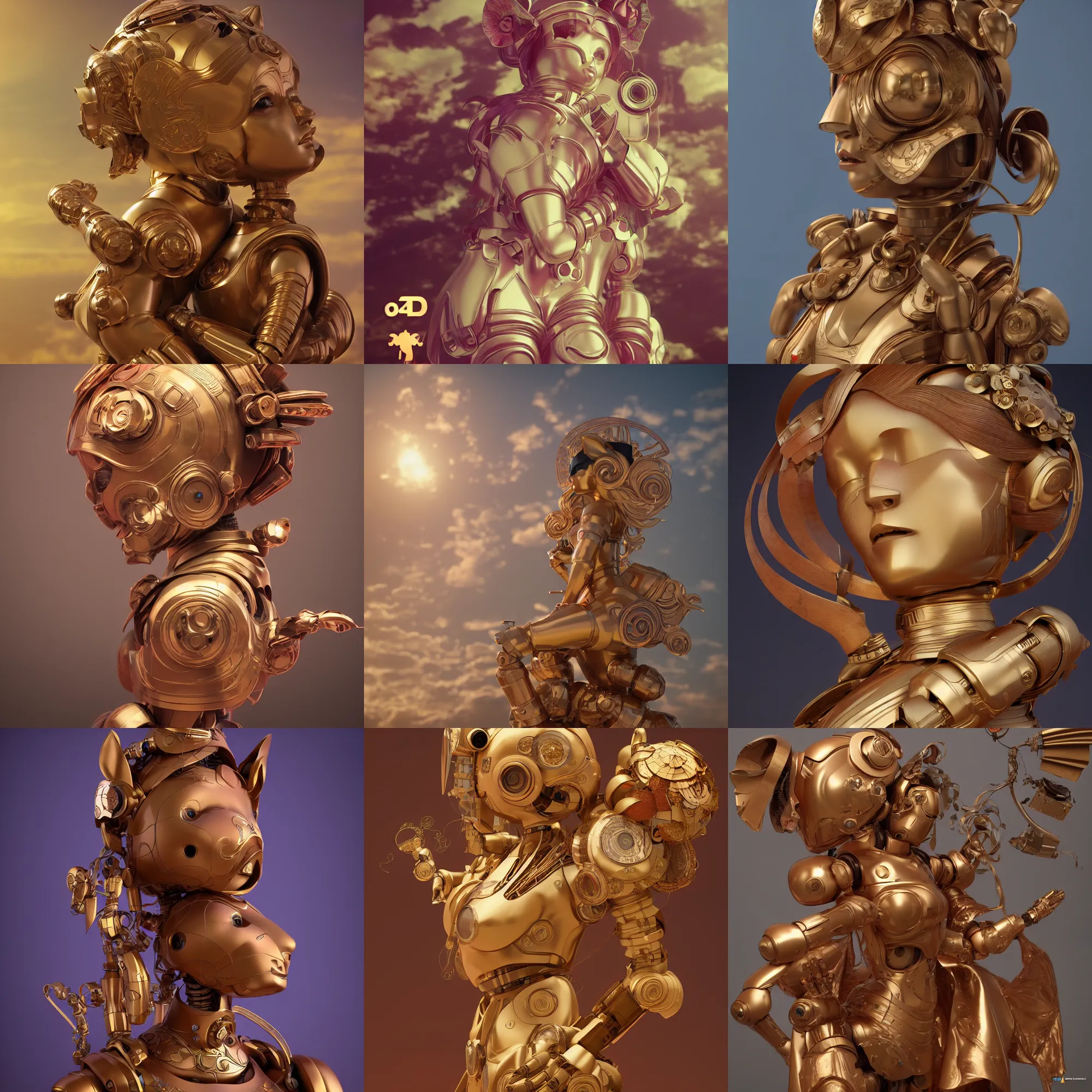 Prompt: 3 d octane render, ultra photorealistic, 8 k hyper detailed image, a beautiful wooden statue of a figurine of a robot with cat ears on a magic cloud, artstation, alphonse mucha