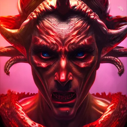 Image similar to Photorealistic devil king. Hyperdetailed photorealism, 108 megapixels, amazing depth, glowing rich colors, powerful imagery, psychedelic Overtones, 3D finalrender, 3d shading, cinematic lighting, artstation concept art