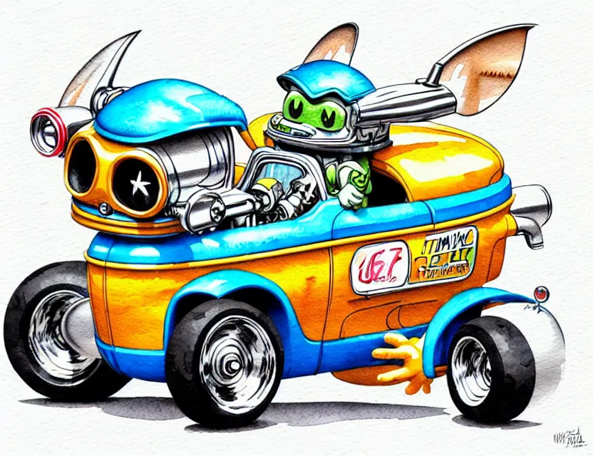 Image similar to cute and funny, gizmo wearing a helmet riding in a hot rod with oversize engine, ratfink style by ed roth, centered award winning watercolor pen illustration, isometric illustration by chihiro iwasaki, edited by range murata, tiny details by artgerm and watercolor girl, symmetrically isometrically centered