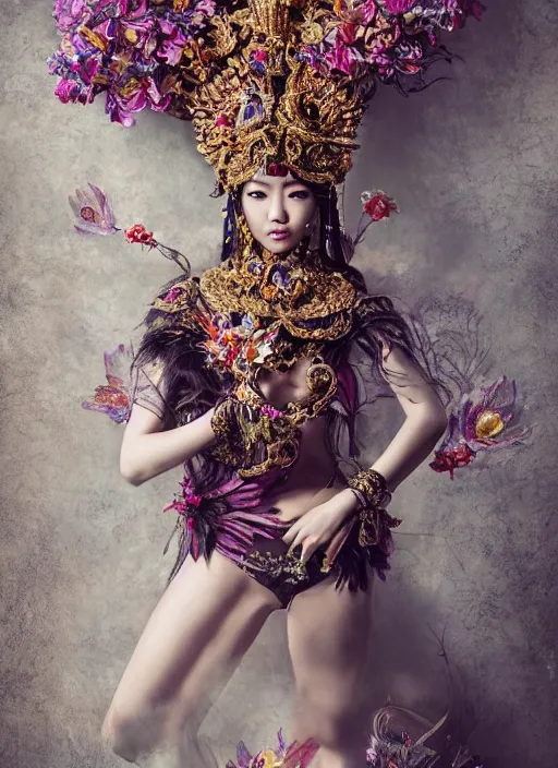 Prompt: expressive full body photo of an asian female model, ornate headpiece made from flowers, ornaments, glamour shot, by karol bak, by stefan gesell, photorealistic, canon r 3, fashion photography, hyper maximalist, elegant, ornate, luxury, elite, environmental portrait, symmetrical features, octane render, unreal engine, solid dark grey background, dramatic lights
