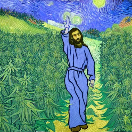 Image similar to jesus spreads his hands against the background of growing cannabis. an oil painting in the style of van gogh