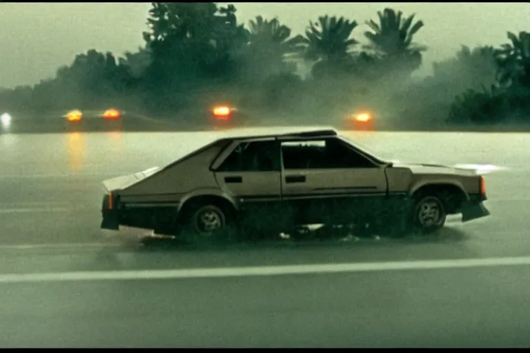 Image similar to movie still from terminator 1 9 8 0 s kinetic high - speed car chase night time thunderstorm