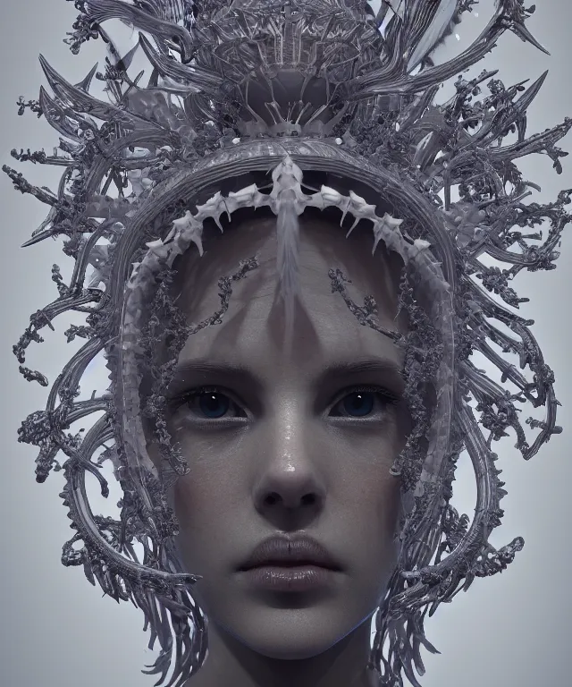 Image similar to symmetrical, centered, goddess close-up portrait wigh crown made of skulls. betta fish, phoenix, bioluminiscent creature, intricate artwork by Tooth Wu and wlop and beeple. octane render, trending on artstation, greg rutkowski very coherent symmetrical artwork. cinematic, hyper realism, high detail, octane render, 8k