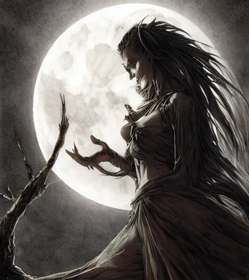 Prompt: book cover art, female dark witch in front of the full big moon, watercolor, dramatic lighting, cinematic, establishing shot, extremely high detail, foto realistic, cinematic lighting, pen and ink, intricate line drawings, by Yoshitaka Amano, Ruan Jia, Kentaro Miura, Artgerm, post processed, concept art, artstation, matte painting, style by eddie mendoza, raphael lacoste, alex ross