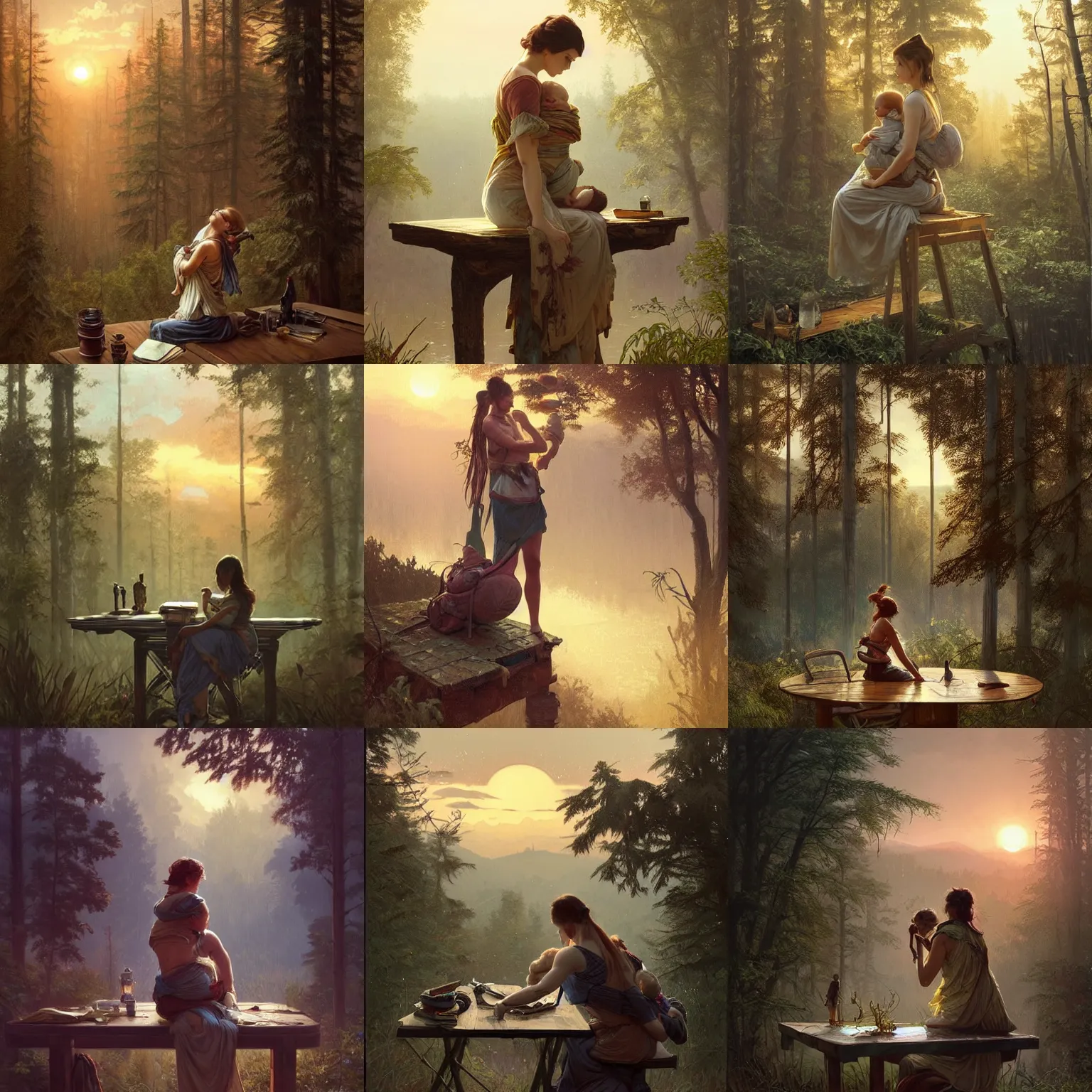 Prompt: detailed very used worn out baby carrier sitting on a table, no people, tall trees, landscape is lush, moody sunset in background, greg rutkowski, alphonse mucha, trending on artstation, artgerm, unreal engine, breathtaking, award winning, highly detailed