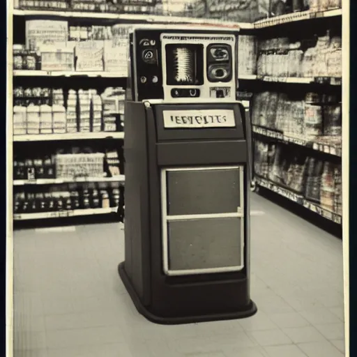 Image similar to Vintage Photograph of a futuristic time machine inside of a grocery store, shallow depth of field, awkward, out of place, polaroid 600 Color