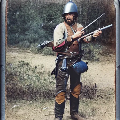 Prompt: Man aiming a musket, wearing a combat helmet, postapocalyptic, polaroid color photo