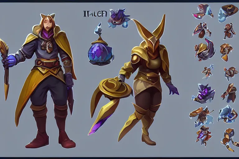 Image similar to Concept art of the new League of Legends Champion, Isometric, Digital Painting, Trending on Artstation, Character Reference Sheet