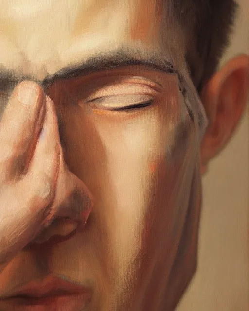 Image similar to masterpiece oil paint of a european young man covering face with fabric mask, ultrarealistic, trending on artstation, extremely detailed