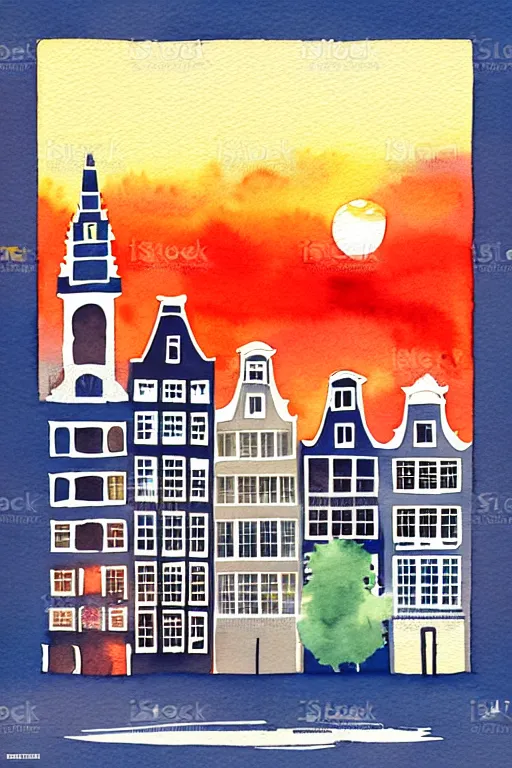 Image similar to minimalist watercolor art of amsterdam at sunset, illustration, vector art