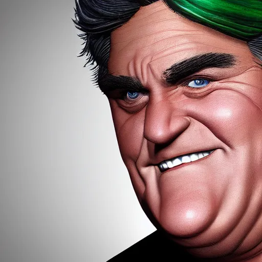 Prompt: an fantasy art of jay leno but his skin is dark green and very oily, jay leno with insect eyes, professional art, volumetric lighting, unreal engine 5, very detailed art, jay leno with gray skin