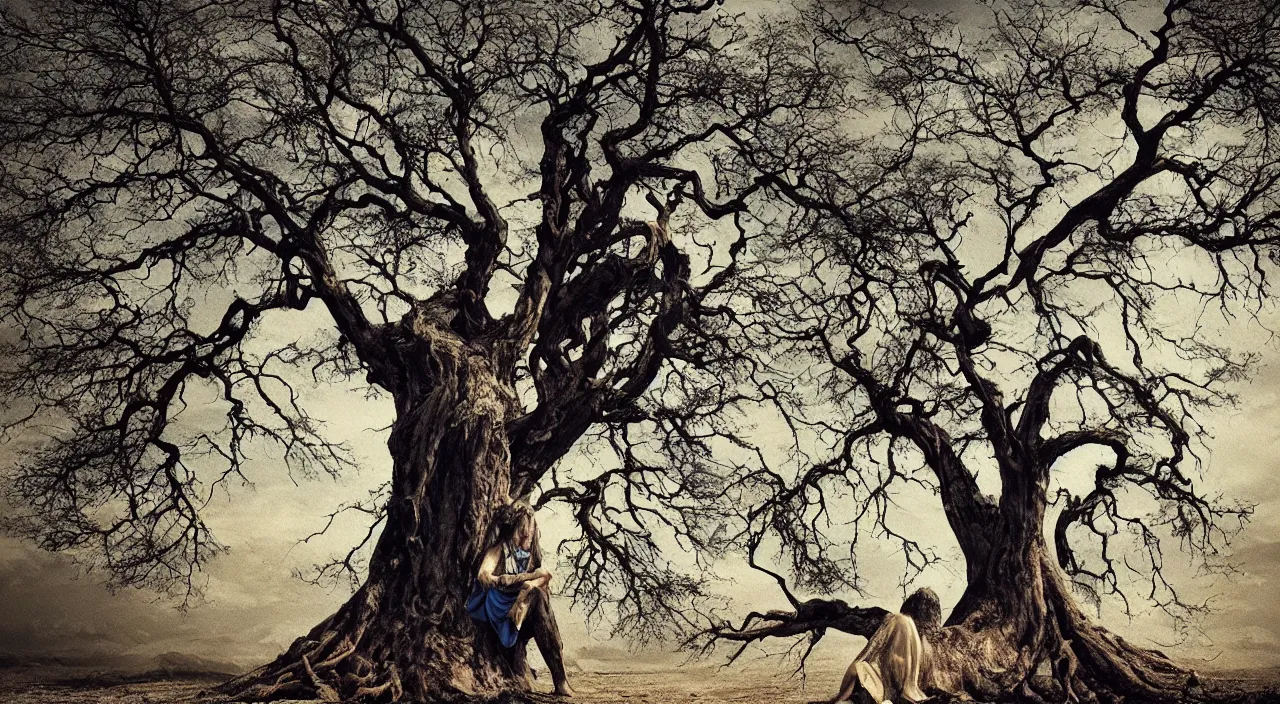 Prompt: 65-year-old Gaia tree-goddess crying one emotionless tear, facing the camera and sitting on a dried up river in a desolate land, blue sky, hot and sunny, highly-detailed, elegant, dramatic lighting, artstation, 4k, cinematic landscape, photograph by Elizabeth Gadd