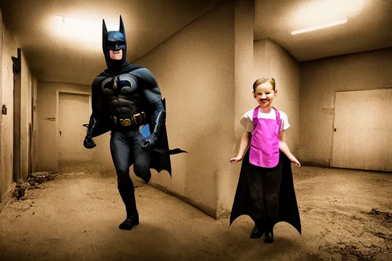 Image similar to batman wearing pink apron wielding an axe, chasing through old brown decrepit hallway, running toward camera, creepy smile, atmospheric eerie lighting, dim lighting, bodycam footage, motion blur, photograph