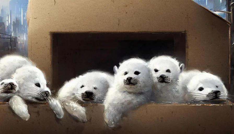 Image similar to highly detailed painting of cute furry white baby seals cuddled up in a cardboard box in a dystopian cyberpunk street by william turner, by greg rutkowski, thick brush strokes and visible paint layers, 4 k resolution, retrowave colour scheme